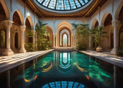 riad,yazd,underwater oasis,swimming pool,amanresorts,marble palace,reflecting pool,hammam,floor fountain,water palace,hamam,infinity swimming pool,persian architecture,mikvah,pool house,iranian architecture,mamounia,alcazar of seville,piscina,alcazar,Illustration,Paper based,Paper Based 06