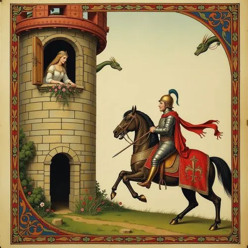 Style of the image from the "Magnificent Book of Hours of the Duke of Berry" by the Limbourg brothers, Illuminated manuscript. In the lower right corner, a medieval mounted knight in armor, a helmet w