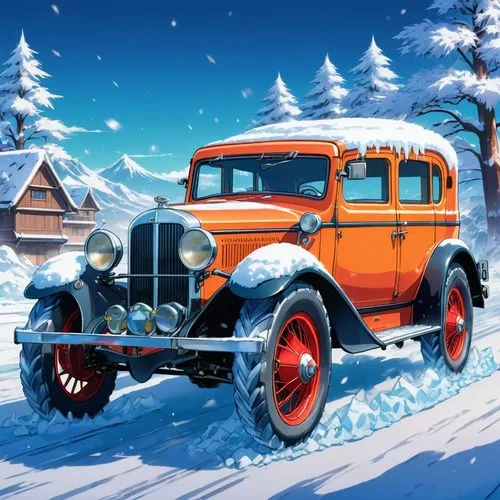 christmas retro car,christmas car,snowplow,christmas truck,snow scene,winter tires,Illustration,Japanese style,Japanese Style 03