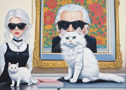 cruella de ville,cat family,white cat,cruella,feline look,two cats,modern pop art,black cat,warhol,family portrait,felines,cool pop art,art dealer,cats,mirror image,karl,vanity fair,cat lovers,girl-in-pop-art,silver fox,Illustration,Children,Children 03