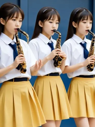 Japanese schoolgirls making music.,a group of s holding ss saxophones,euphoniums,oboists,euphonium,oboes,oboist,flutists