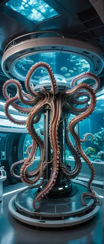 Starship medical bay, long monster tentacles on a high-tech table, high-tech scanning systems, cryocapsules, aquariums, multi-level high-tech space,ozeaneum,aquarium decor,giant squid,giant pacific oc