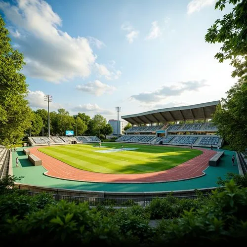 Vibrant green grass, athletic tracks, sports equipment, goalposts, scoreboards, spectator stands, modern stadium architecture, cantilevered roofs, glass fa\u00e7ades, natural ventilation systems, lush