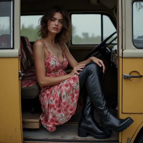 The woman in the image is wearing a striking ensemble that combines elements of the bohemian and the bold. Her dress or jumpsuit features a vibrant floral pattern in shades of pink and red, with a fit