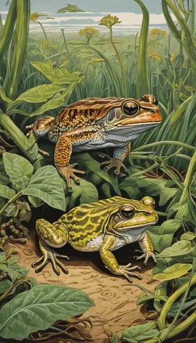 Imagine a thrilling adventure where a cunning cane toad outwits a group of sneaky snakes.,northern leopard frog,southern leopard frog,phyllobates,south american alligators,amphibians,frog gathering,pi