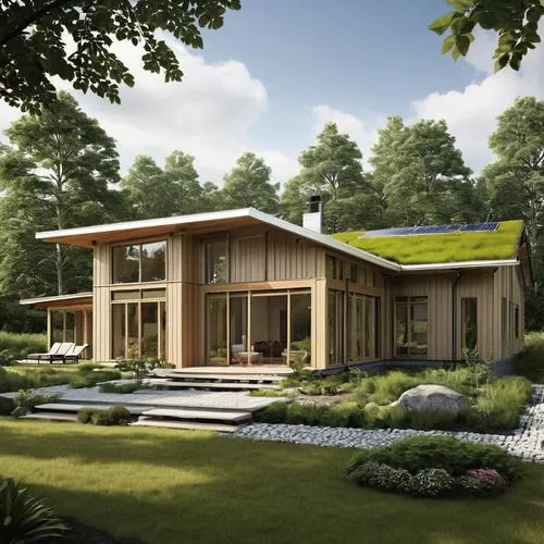 reate a bungalow that utilizes geothermal energy for heating. The design should feature thick insulated walls with a green roof and solar panels, emphasizing sustainability while providing a warm, com