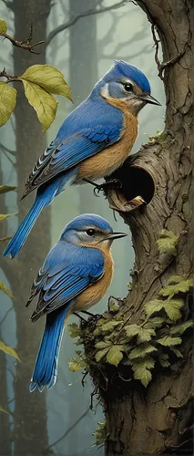 In a dark and stormy forest, write a thrilling tale of baby bluebirds overcoming danger to find their way home.,bird painting,birds on a branch,alcedo atthis,western bluebird,baby bluebirds,eastern bl