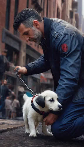 Create a heartwarming scene where Paul Lavine rescues a lost puppy in a busy city.,mans best friend,human and animal,a police dog,service dog,police dog,rescue,pet,companion dog,civil defense,rescue d