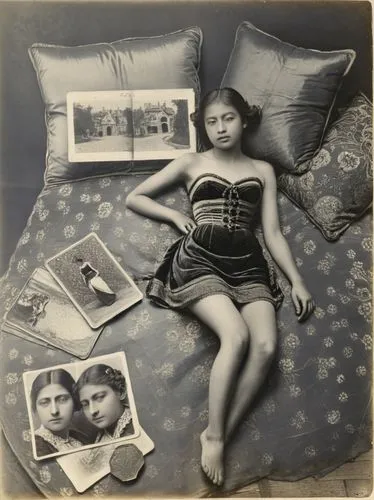 random result,a woman is laying on a bed with pictures,vintage asian,woman on bed,chicanas,yasumasa,girl in bed,tintypes,Photography,Black and white photography,Black and White Photography 15