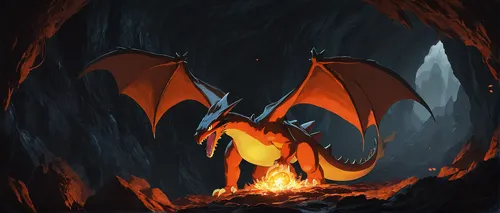 charizard,dragon fire,draconic,lava cave,dark-type,molten,painted dragon,black dragon,fire breathing dragon,dragon,forest dragon,dragons,flickering flame,magma,cauldron,fire background,dragon of earth,charcoal nest,embers,lava,Illustration,Japanese style,Japanese Style 10