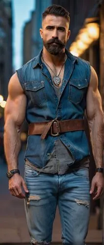 Muscular man, gay daddy, 30s, hairy chest, thick beard, mustache, rugged face, short hair, strong jawline, bold eyebrows, sleeveless denim shirt, ripped jeans, black leather belt, silver chain necklac