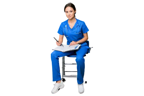 hospital equipment, doctor's office, white background, male/female doctor, stethoscope around neck, blue/white uniform, clipboard in hand, standing/sitting, professional pose, detailed facial features