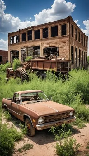 Fort Worth, abandoned architectural salvage yard, rustic industrial atmosphere, old worn-out brick walls, rusty metal roofs, wooden crates, vintage construction machinery, scattered tools, dusty antiq