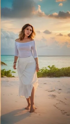 a portrait full body of a beautiful Elizabeth Olsen 25 years old brown hair, wearing a white printed T-shirt and white skirt stand up in the beach of Bahamas whit the city at sunset in a cloudy day as