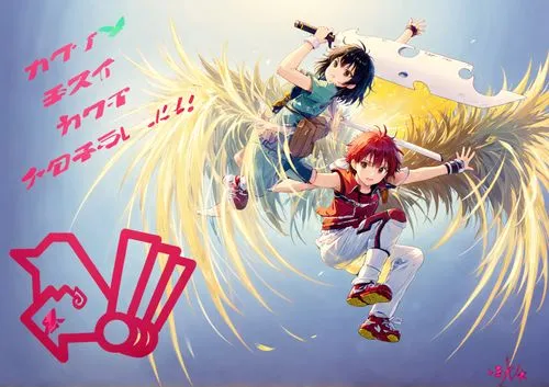 two people on a artistic poster with words above them,touhou,gainax,harmonix,ranka,aquarion,flying heart,Anime,Anime,Realistic