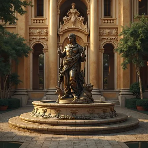 Elegant bronze statues, ornate fountain designs, classical architecture, grandiose columns, intricate bas-reliefs, lavish decorative accents, warm golden tones, natural patina, luxurious textures, sub