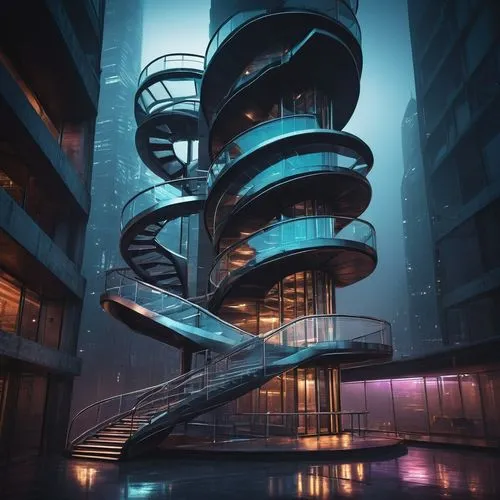 Futuristic helix architecture design, sleek metallic structure, spiral staircase, glass elevator, modern minimalist interior, floor-to-ceiling windows, urban cityscape view, nighttime scenery, neon li