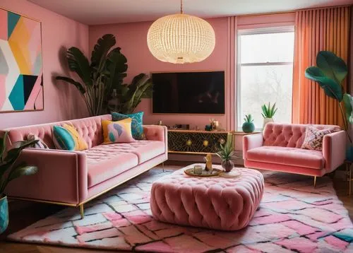 mid century modern,livingroom,apartment lounge,interior design,mahdavi,modern decor,kitschy,maximalism,great room,living room,sitting room,deco,mid century,redecorate,decor,an apartment,cabana,pink chair,gold-pink earthy colors,interiors,Illustration,Paper based,Paper Based 14