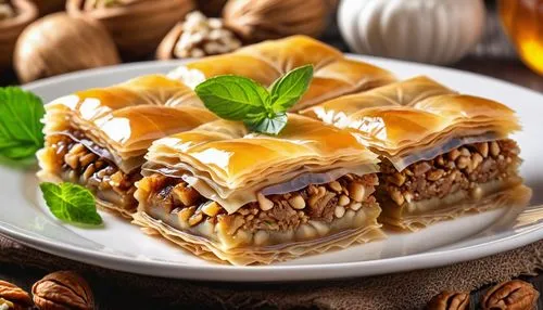 Baklava is a layered dessert made of filo pastry sheets, filled with chopped nuts and sweetened with syrup or honey,baklava,mille-feuille,apple strudel,caramel shortbread,yellow leaf pie,turrón,besan 