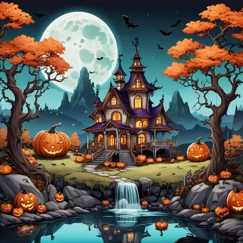 halloween background,halloween wallpaper,halloween scene,witch's house,halloween illustration,halloween border,Illustration,Abstract Fantasy,Abstract Fantasy 11