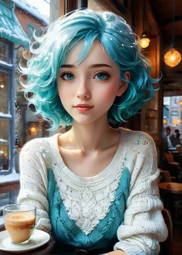 An exquisite Anime-style illustration of a young woman, titled "Obra Maestra: 1.2." The artwork features intricate details and a depth of field, with the subject sitting in a cozy café. She wears a wh