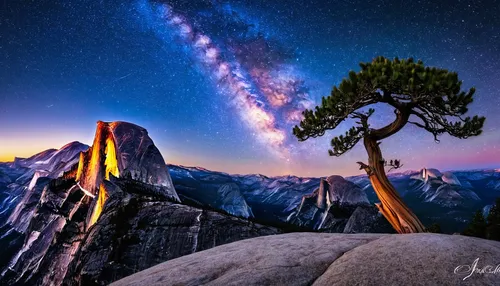 half dome,yosemite,yosemite park,yosemite national park,lone tree,isolated tree,astronomy,half-dome,the milky way,milky way,yosemite valley,magic tree,starry night,milkyway,united states national park,majestic nature,pine tree,earth in focus,celestial phenomenon,pine-tree,Illustration,Abstract Fantasy,Abstract Fantasy 10