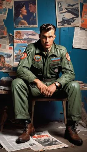 An USAF 1950s jet fighter pilot in outgoing uniform is sitting in a flyers bsr and behind him on hte wall are several posters, some old, grumbled, torn, of lightly dressed pin-up girls posing,aircraft