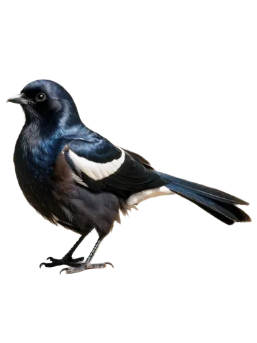 Magpie bird, solo, close-up, facial profile, shiny black feathers, white belly, long tail, sharp beak, bright inquisitive eyes, morning sunlight, soft focus background, 3/4 composition, shallow depth 