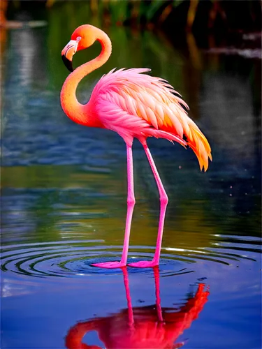 Flamingo, pink feathers, long neck, slender legs, standing on one leg, water reflection, sunset background, soft focus, warm lighting, shallow depth of field, 3/4 composition, vibrant color tone, gent