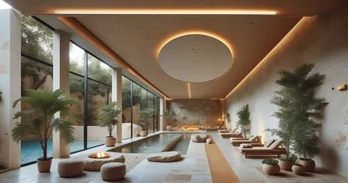 The interior of the spa is designed in the style of Alvaro Siza, with tall columns and a large swimming pool surrounded by limestone walls. There is a forest outside the window. The rock wall behind i