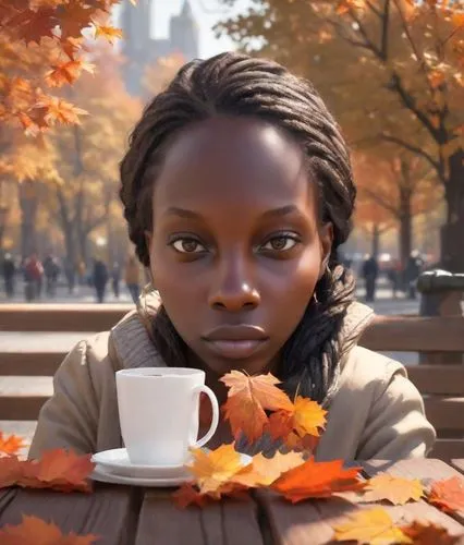 A contemplative woman is sitting on a park bench, surrounded by falling leaves while sipping hot cocoa.,a beautiful black woman in a park setting with her coffee cup,woman drinking coffee,chimamanda,c