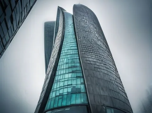 Wind-swept futuristic architecture, skyscraper, curved lines, sleek metallic materials, reflective glass surfaces, angular shapes, dynamic composition, dramatic lighting, moody atmosphere, misty fog s