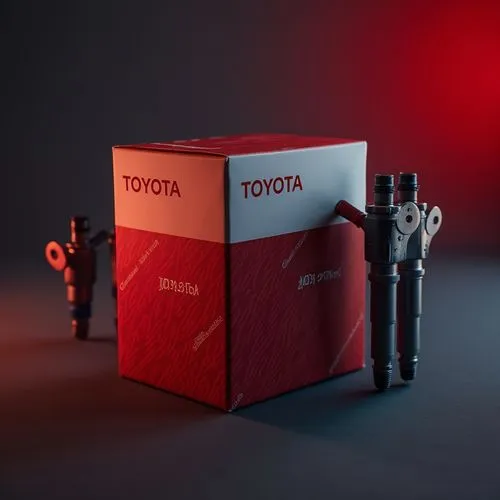 medium size box of the company toyota. the box is red and white colored lines and has the logo of toyota company in the upper in the upper left corner on it which is white bold word "TOYOTA" and is on