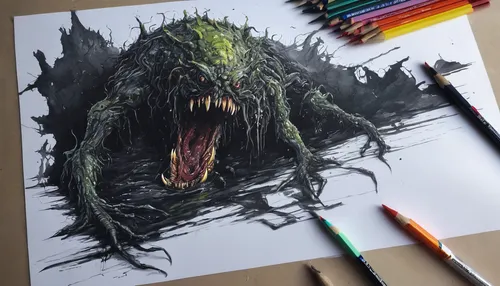 Draw a horrifying horror illustration of a monstrous creature crawling out of a dark abyss.,godzilla,hand-drawn illustration,monster,outbreak,venom,pencil color,color pencil,zombie,pencil art,color pe