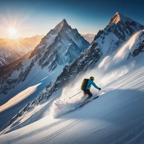 a fast skier facing the viewer with an avalanche rushing from behind, intense action scene,backcountry skiiing,snowsports,neumayer,skiing,ortler winter,arlberg,cable skiing,chamonix,freeskiing,skiers,