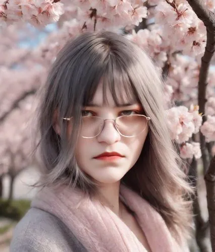 a woman wearing glasses stands under cherry trees,sakura blossom,japanese sakura background,hanami,cold cherry blossoms,sakura blossoms,sakura flower,Photography,Realistic