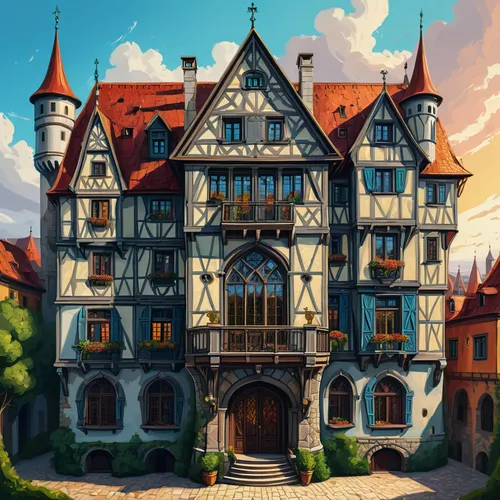 fairy tale castle,medieval architecture,knight village,knight house,witch's house,half-timbered house,apartment house,knight's castle,beautiful buildings,fairytale castle,medieval town,french building,bethlen castle,apartment building,chateau,castle,half-timbered houses,half-timbered,medieval castle,crooked house,Conceptual Art,Fantasy,Fantasy 14