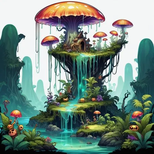 mushroom landscape,mushroom island,fairy world,fairy village,underwater oasis,wishing well,Illustration,Abstract Fantasy,Abstract Fantasy 11