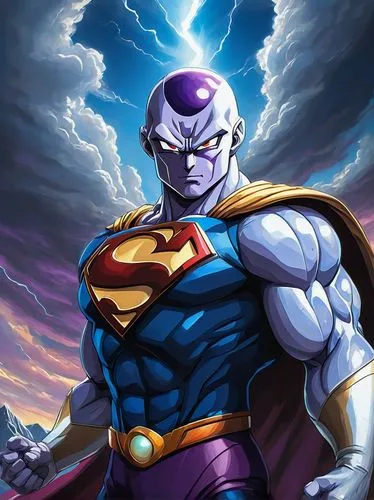 Frieza, Superman, standing back to back, intense stares, dramatic clouds, mountainous background, rugged terrain, dynamic composition, bold lighting, 3/4 view, cape flowing in the wind, icy blue aura 