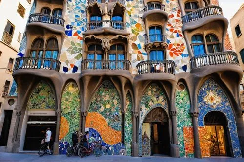 Barcelona, Spain, modernist architecture, Casa Batlló-inspired, colorful mosaic facade, intricate stonework, wrought-iron balconies, Gothic-style windows, ornate doorways, curved lines, undulating roo