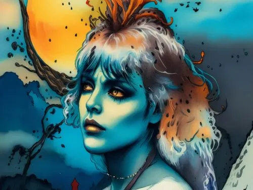 a painting of a woman with an orange head,sirene,amphitrite,dazzler,blue hawaii,mystique,undine,Illustration,Realistic Fantasy,Realistic Fantasy 25