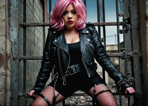 Miss Piggy, prison inmate, solo, (30yo), pink hair, heavy makeup, red lips, torn fishnet stockings, black leather jacket, handcuffs, ankle chain, iron bars, dim lighting, gritty texture, urban environ