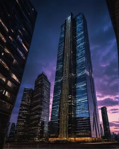 Futuristic skyscraper, 92318mx, sleek metallic structure, gleaming silver surface, intricate geometric patterns, neon lights illuminating the edges, towering high-rise building, bustling metropolitan 