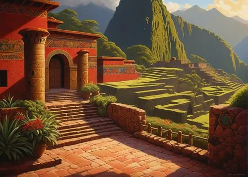 Incan Empire-inspired architecture, stone walls with intricate stonework, ornate gates, red-tiled roofs, grand staircase, ceremonial plaza, Andean patterns, vibrant textiles, golden accents, lush gree