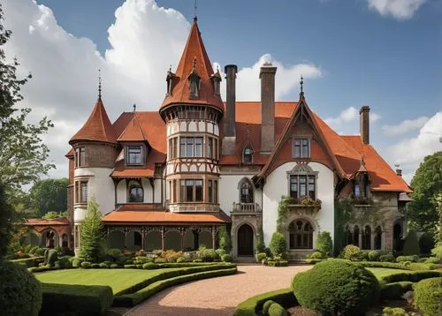 Majestic architectural building, European-style mansion, steeply pitched roof, multi-layered roof shingles, vibrant color palette, dark grey, burnt orange, weathered brown, soft green, rusty red, subt