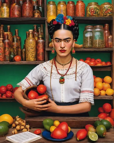 frida,ayurveda,food styling,girl in the kitchen,greengrocer,latin american food,naturopathy,mexican foods,vegan nutrition,mexican culture,shopkeeper,giardiniera,sicilian cuisine,mediterranean cuisine,mediterranean diet,maharashtrian cuisine,iranian cuisine,pachamama,organic food,indian cuisine,Art,Artistic Painting,Artistic Painting 31