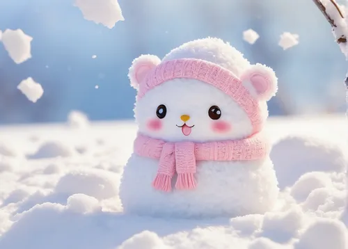 Illustrate the soft texture of freshly fallen snow on a quiet winter morning.,snowman marshmallow,snow owl,winter background,winter animals,snow man,kawaii owl,snowman,snowflake background,snow cherry