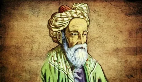 Khayyam, the famous poet of Iran, reading a book,an old - fashioned painting of an old man with a turban and a id,avicenna,khayyam,saadi,nasruddin,rabindranath,ghalibaf