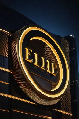 Luxury lighting brand logo, golden font, 3D metallic effect, simple modern design, circular shape, LED lights surrounding the logo, city skyscraper background at night, bright billboard advertisement,