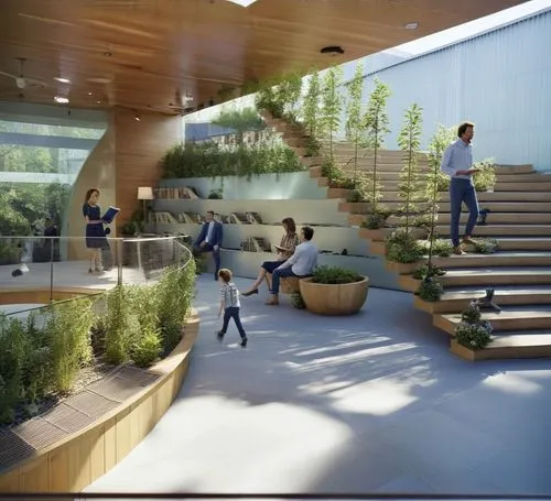 a public space interior garden with concrete floor and concrete ceiling, and layered wooden platforms on a side .On the lower levels of the platforms, there are books and seating areas, while on the u